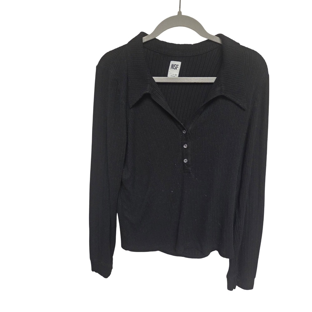 NSF Womens Black Long Sleeve Ribbed Knit‎ Button Down Polo Shirt Top XL